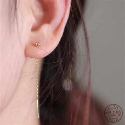 925 Sterling Silver 14K Gold Exquisite Round Bead Stud Earrings Women Long Line Tassel Earrings Temperament Wedding Jewelry