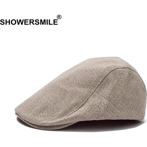 SHOWERSMILE Summer Mens Beret Linen Flat Cap Adjustable Newsboy Cap Breathable Vintage Solid Orange Ivy Duckbill Hat