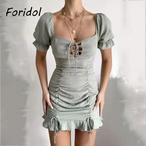 Foridol Vintage Ruched Bodycon Mini Summer Dress Women Beach Casual Holiday Short Puff Sleeve Green Dress Drapped Lace Up Dress