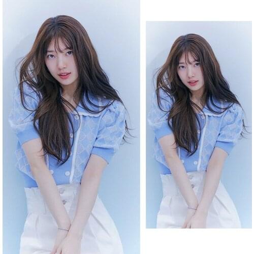 Kpop IU Seo Yea Ji Blue Lapel Hollow Short-sleeved Knitted Shirts Women Summer New Sweet Double Breasted Cardigan Blouses Tops