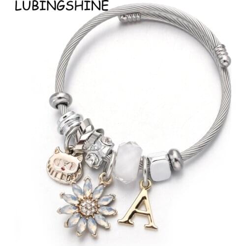 Women Stainless Steel Letter Cat Flower Charms Bracelets Rhinestones Open Adjustable Cuff Wire Cable Bangles DIY Jewelry