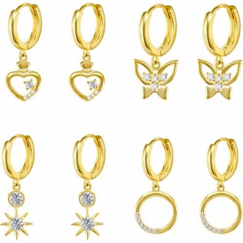 925 Silver Ear Buckle Heart Butterfly and Sun Crystal Pendants Hoop Earrings For Women Round Earring Fashion Party Jewelry Gift
