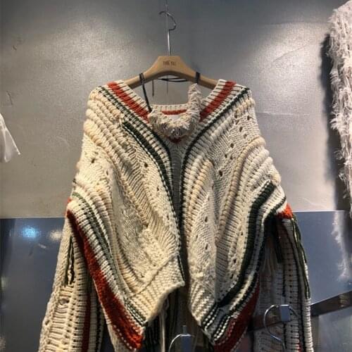 Color Matching V-Neck Fringed Pullover Sweater Womens 2021 Spring Autumn New Korean Fashion Loose Long-Sleeved Knitting Female