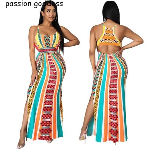 New 2021 Summer Women Stripe Print Side Split Sexy Maxi Long Elegant Dress Spaghetti Strap Strapless Back Hollow Out Party Dress