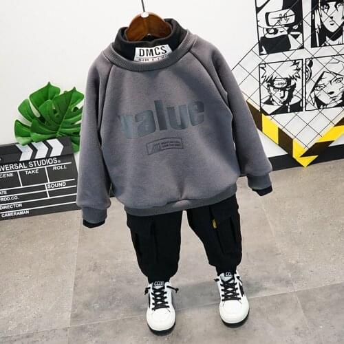 Winter Suits For Boys 2020 Letter Print Plus Velvet Fake Two Sweatshirt Thicken Cargo Pants Kids 2pcs Toddler Boys Clothes Set