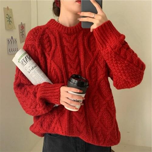 Winter Sweater Pullover Languid is lazy style Show Temperament Anedoki Retro Sweet Loose Knit Coat Cable- Knit Sweater