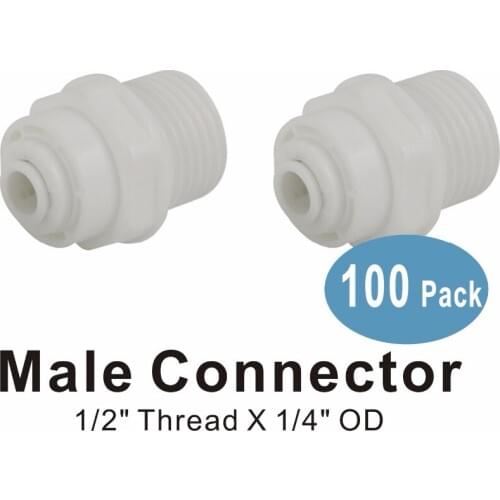 100 Pack of Straight Male Connectors 1/2" Thread x 1/4" Quick Connect RO System and Water Filter Fitting