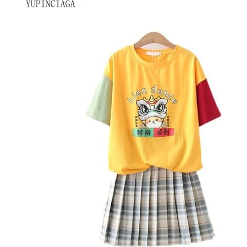 2021 Summer Womens Sets Chinese Style Print Stitching Contrast Color T-shirt + Sweet Skirt 2 Piece Set Female Clothes 2117373