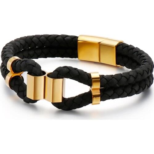 2021 Holiday Male Jewelry Stainless Steel 2 Layer Braided Geniune Leather Gold Color Bracelet 215*12mm