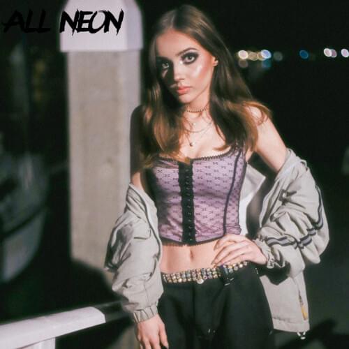 ALLNeon Mesh Crop Tops Square Collar Sleeveless Single-breasted Front Tanks Tops Vintage E girl Cropped Tops Y2K Outfit Mujer