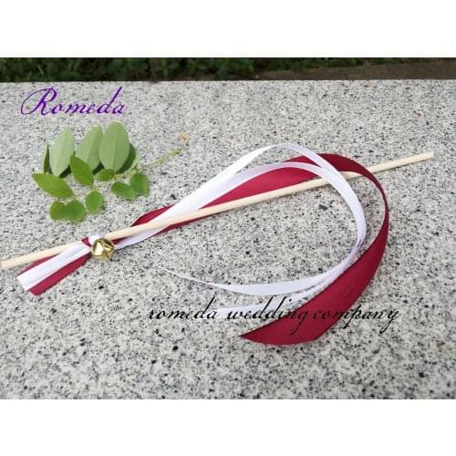 FREE SHIPPING--(50Pieces/Lot) Red and white ribbon wedding wands with Gold bell Wedding Ribbon Stick,ribbon Twirling Streamers