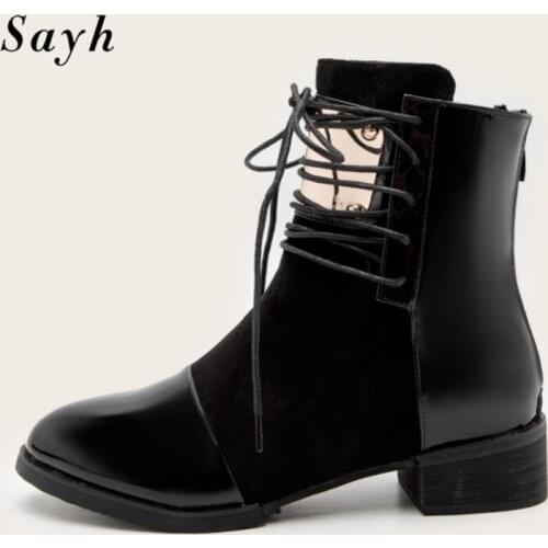 Fashion Winter Women Ankle Boot Thick Heel Metal Decor Patent Leather Suede Boot Casual Martin Shoes Black