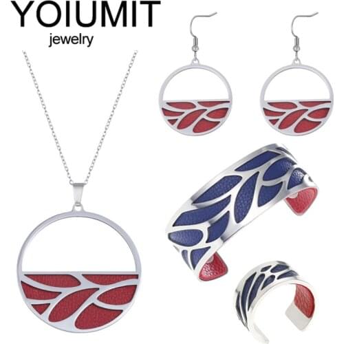 Cremo Stainless Steel Cuff Bangles Interchangeable Leather Jewelry Set Ladies Christmas Gift Necklace and Bracelet Earrings Rin