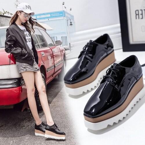 British style brogues women square toe platform shoes lace up patent leather muffins solid color creepers derby shoes for woman
