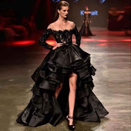 Black Celebrity Dresses Ball Gown Long Sleeves Appliques Beaded High Low Long Famous Formal Red Carpet Dresses