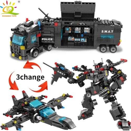 HUIQIBAO Toys 750PCS 8in1 SWAT Police Warship Robot Building Blocks For Children City Truck Vehicle Weapon Boys Bricks