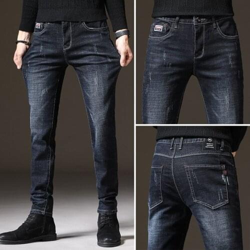 Spring and Autumn Mens Jeans Stretch Korean Slim Pants Trendy Straight Black Long Cotton Pants