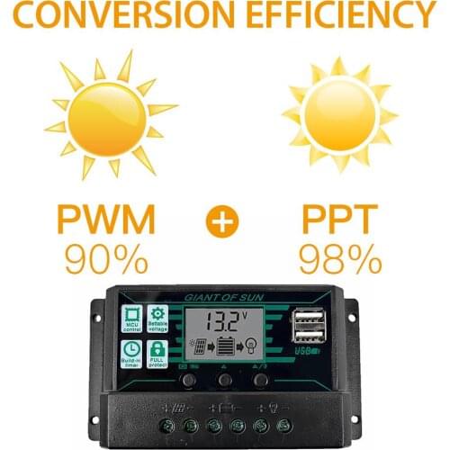 MPPT/PWM Solar Charge Controller Solar Panel Battery Intelligent Regulator Dual USB Port LCD Display 10/20/30/40/50/60/100A