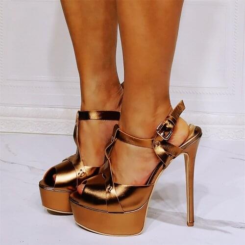 Fashion Metallized Bronze 14cm Thin High Heel Platform Sandals Woman Peep Toe Back Strap Buckle Designer Summer Dress Shoes