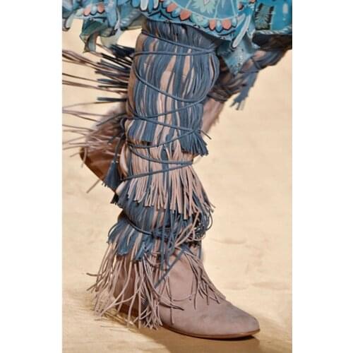 Fashion Mixed Colors Bandaged Long Tassel Knee High Boots Low Wedge Pointed Toe Boots Women Runway Fringed Botas