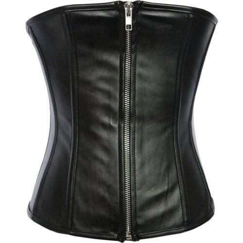 Fashion Sexy Women Underbust Corset Black Zip PU Leather Bustier Waist Trainer Body Shaper Waist Cincher Slimming Belt