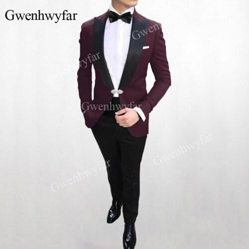 Gwenhwyfar 2019 Spring Crystal Buckle series 2 Piece Men Tuxedos Burgundy Men Suits Peak Lapel Mens Party Jacket Pants Fashion