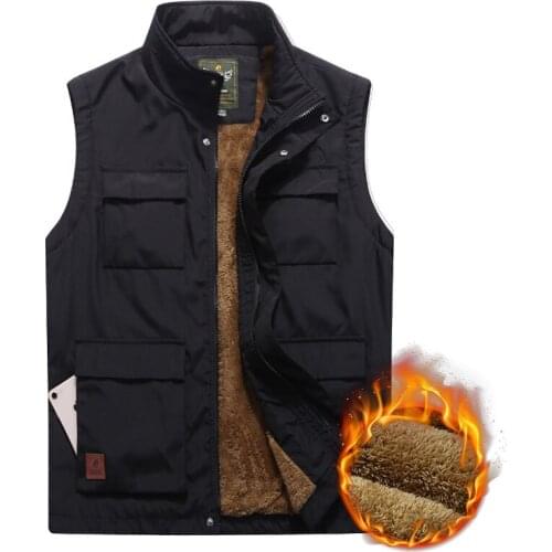 Mens Winter Vest Thicken Fleece Multi Pocket Waistcoat Casual Warm Mandarin Collar Photographer Sleeveless Jacket Plus Size 5XL