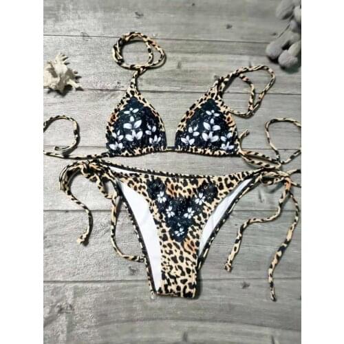 2021 newest Women Two-piece Swimwear Set Khaki Printed Pattern Bikini Tops and Shorts S/ M/ L for Summer