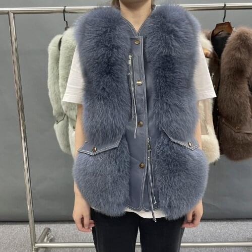 New Arrival Fur Vest Women Short Fashion Luxury Furry Real Fox Fur Vest Coat With Leather Womens Jacket Winter 2021