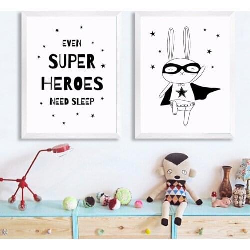 Kids Boy Bedroom Wall Art Superheroes Canvas Print and Poster , Cute Baby Rabbit Superhero Canvas Painting Nursery Wall Pictures