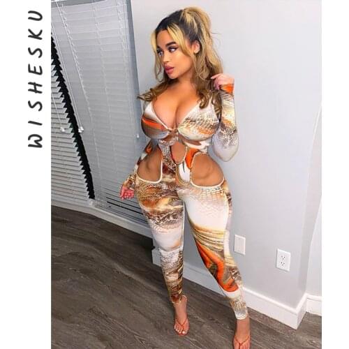 Sexy Printed Lace Up Long Sleeve Jumpsuit Women Cut Out Bandage Bodycon One Piece Rompers 2021 Summer Sporty Beach Skinny Wear