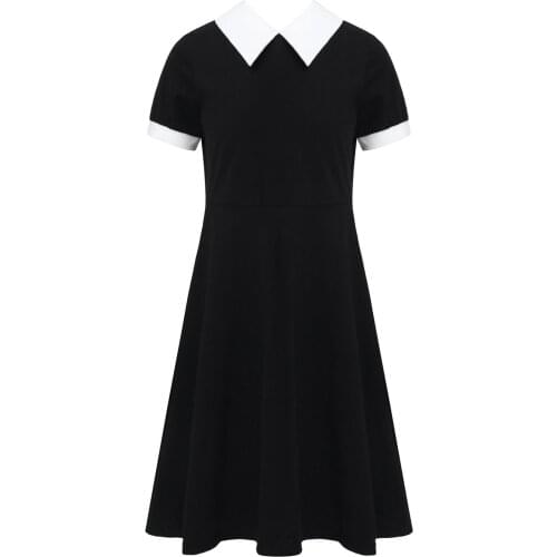 Girls School Casual Dress Short Sleeves White Collar Patchwork Kids Party Dresses Slim Fit Flare Dress Kids Summer Girl Clothing