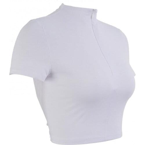 Sexy Women Summer Deep V Neck Zipper Short Sleeve Slim Crop Top Blouse T-shirt