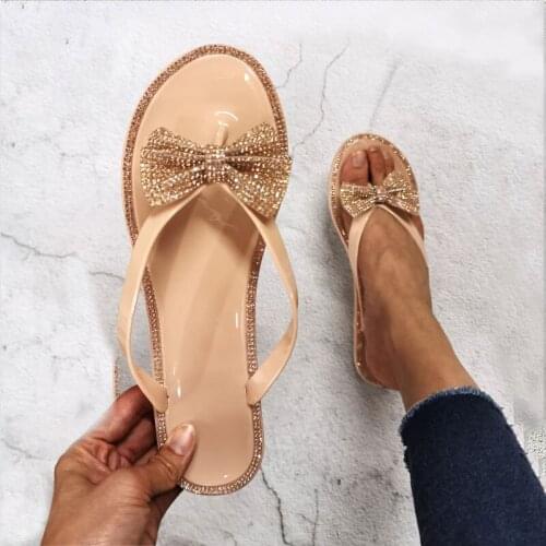 2021 Women Summer Slippers Crystal Cute Bow Flat with Female Flip Flops Beautiful Woman Summer Beach Slippers and Sandals