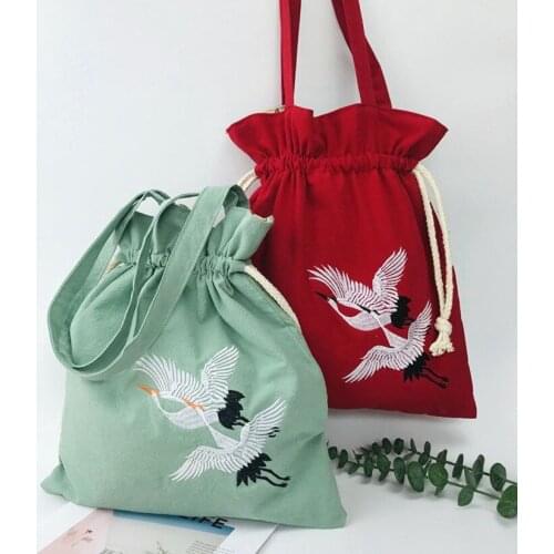 Retro Crane Embroidery Chinese Style Hanfu Handbag Package Japanese Anime Kimono Cartoon Storage Bags Packet Cute Purse Package