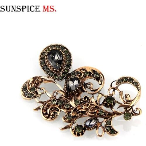Sunspicems Fashion Gray Crystal Brooch Pins for Women Bohemia Ethnic Wedding Jewelry Turkish Flower Broches Brooches Gift