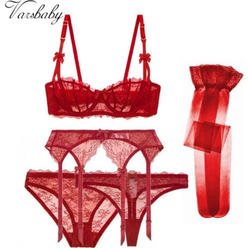 Varsbaby Sexy red breathable mesh bra set half cup wedding underwear 5-piece set