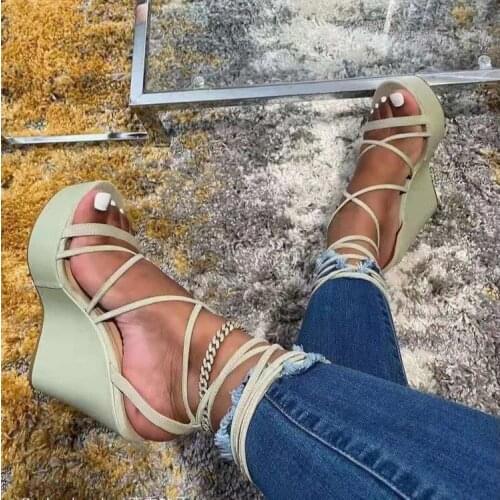 2021 Summer Shoes Woman Platform Wedges Heel Soft Leather Casual Sandals Cross Lace Up Women with 36-43 Gladiator Peep Toe