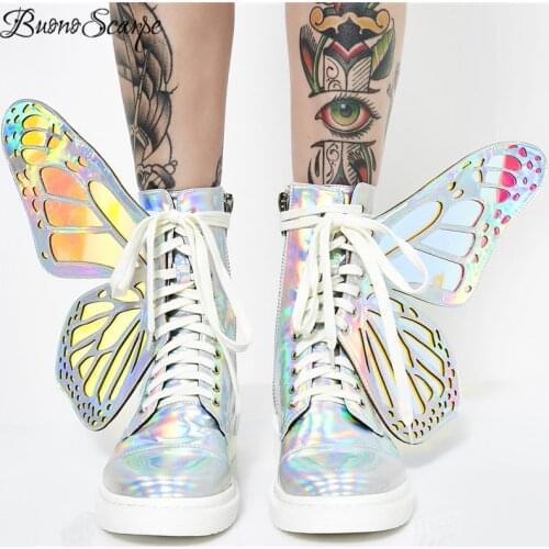 Buono Scarpe Women Butterfly Wings Sneakers Shine Silver Short Boots Lace Up Colorful Ladies Shoes Sneakers With Sequines Women