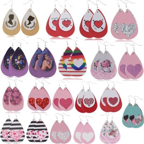 Valentines Day Print PU Leather Water Drop Earrings Female Double Layer Red Plaid Love Heart Earrings New Fashion Jewelry Gifts