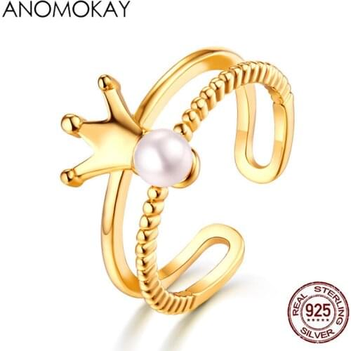 Anomokay New Arrivals Little Crown Pearl Open Gold Rings Luxury Jewelry Gift for Women Girl 925 Sterling Silver Resizable Ring