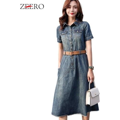 2019 Summer Autumn Women Vintage Distressed Sashes Denim Dress Ladies Temperament Slim Jean Shirt Dress Retro Plus Size Dresses