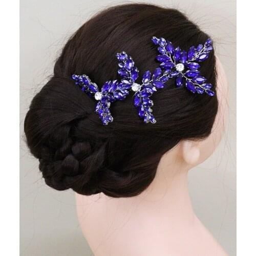Bohemian Blue Rhinestone Hair Pins Tiaras Wedding Jewelry Shiny Girls Headpieces Banquet Elegant Women Hair Accessories Clip