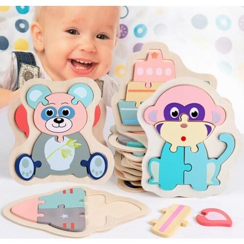 Jigsaw Toy Eco-friendly Cartoon Pattern Wood 3D Pairing Jigsaw Puzzle Toy for Kids