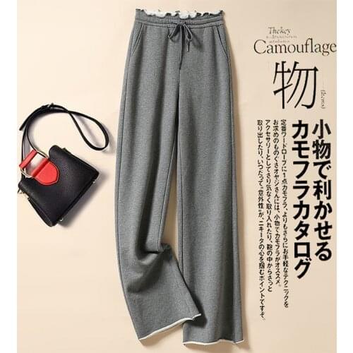 Cotton wide-leg pants womens high-waist spring and autumn new style wooden ears drawstring loose straight casual sports pants