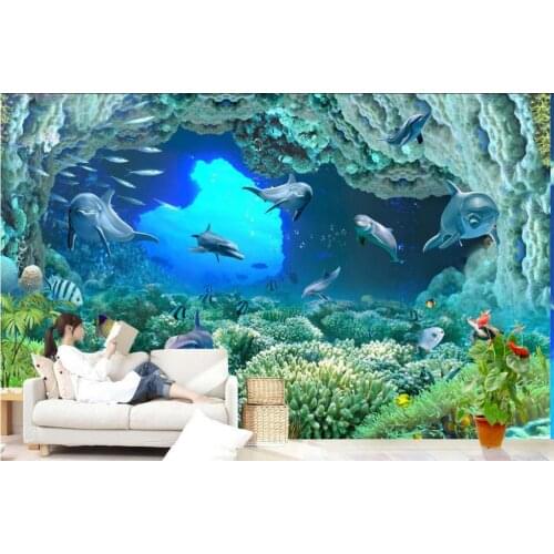Custom Any Size TV Background Wall Mural Wall Paper Original Dolphin Family Super Clear Sea Coral 3D TV Background Wall