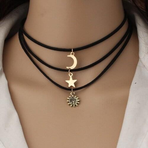 Multi-Layer Velvet Band Necklace with Three-Piece Sun Moon and Star All-match Short Sweater Necklace for Women Wholesale