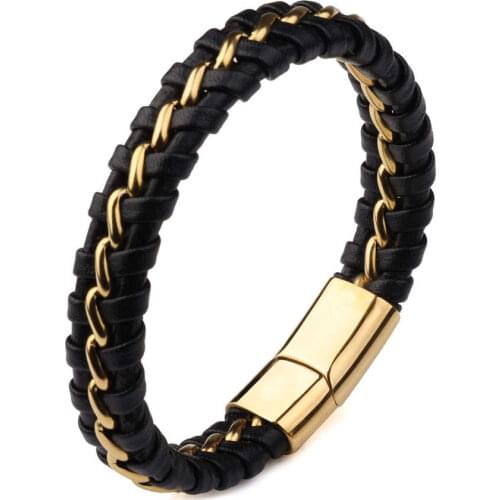Punk Rock Stainless Steel Leather Bracelet Golden Yellow Magnetic Clasp Charm Handmade Braided High Quality Bangles For Men
