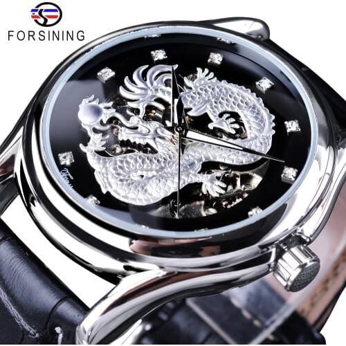 Forsining Silver Dragon Diamond Design Leather Belt Luminous Hands Waterproof Mens Automatic Skeleton Watches Top Brand Luxury