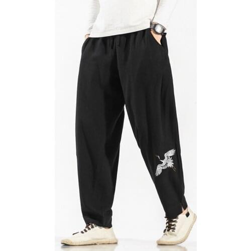 Chinese Style Mens Vintage Wide Leg Pants Male 2020 Oversize Loose Embroidery Trousers Men Spring New Elastic Harem Pants